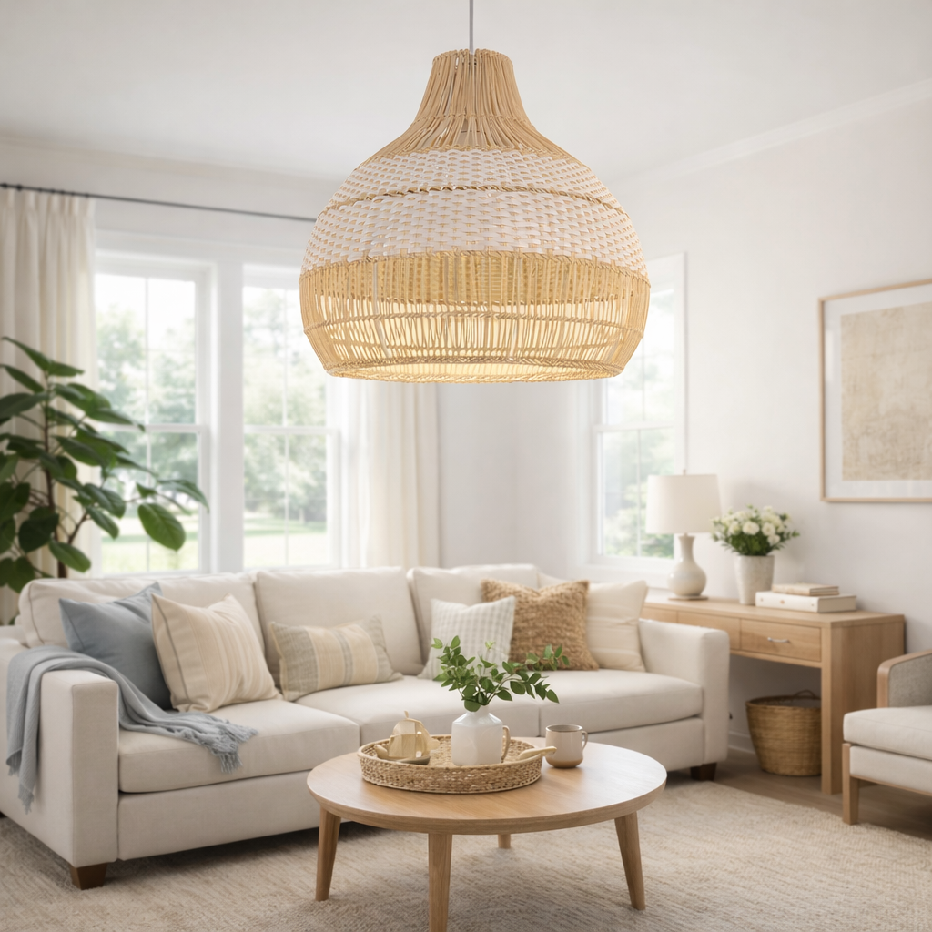Elegant Handwoven Boho Rattan Pendant Light Basket Shape Warm Ambient Hanging Lamp