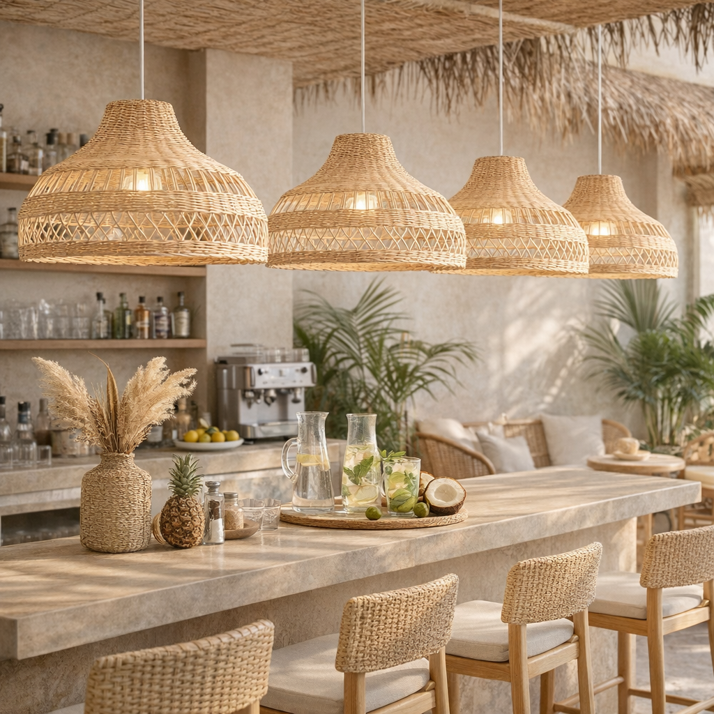 Vintage Handwoven Rattan Pendant Light Dome Shape Natural Hanging Lamp