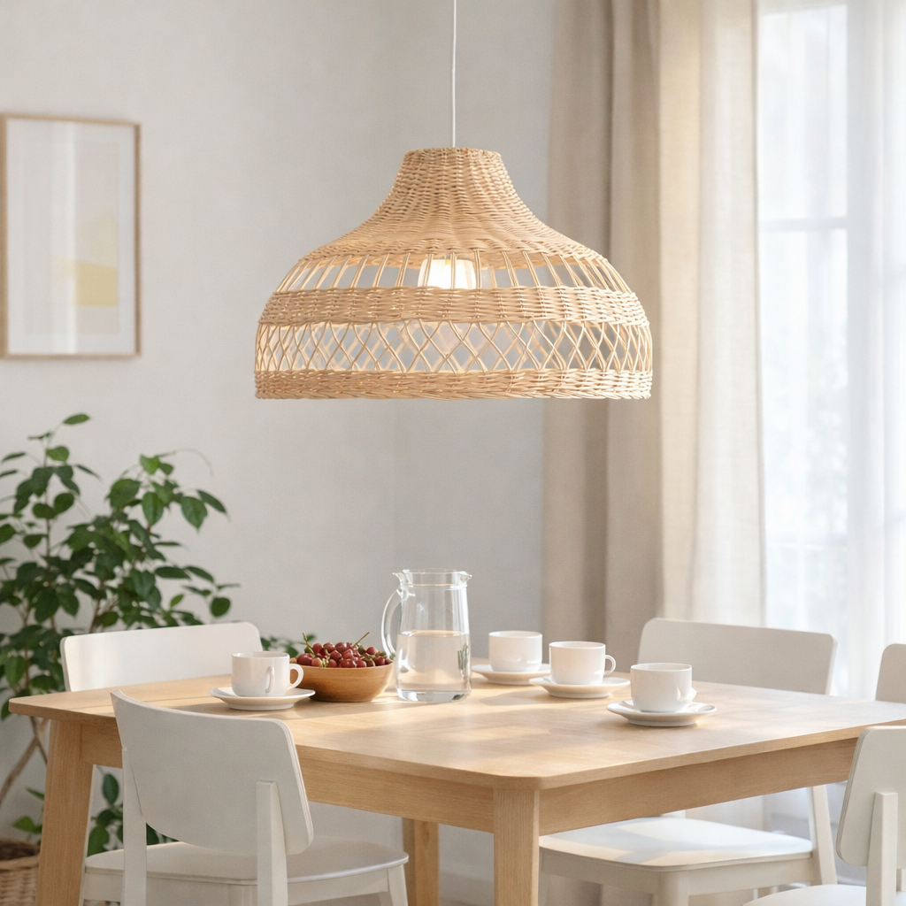 Vintage Handwoven Rattan Pendant Light Dome Shape Natural Hanging Lamp