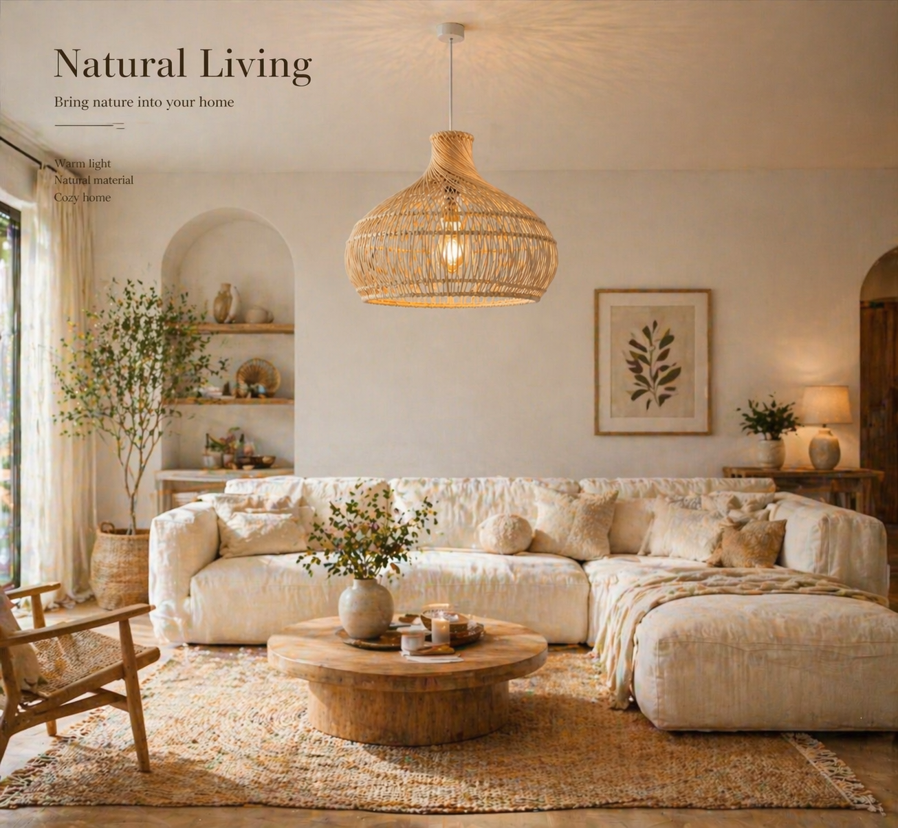 Handwoven Rattan Pendant Light Natural Boho Hanging Lamp 45.5cm