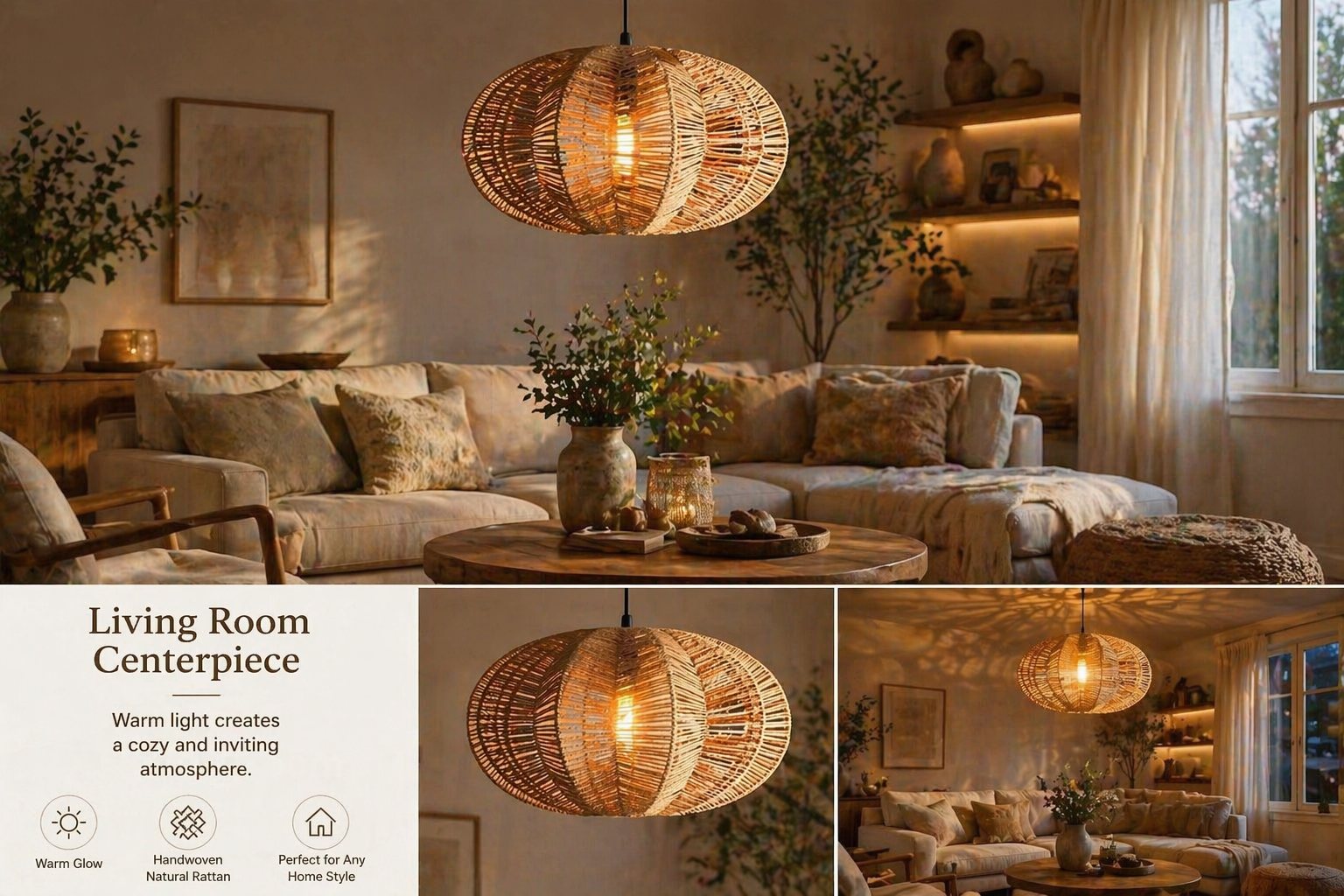 Modern Oval Hemp Rope Pendant Light Handmade Woven Hanging Lamp for Dining Room