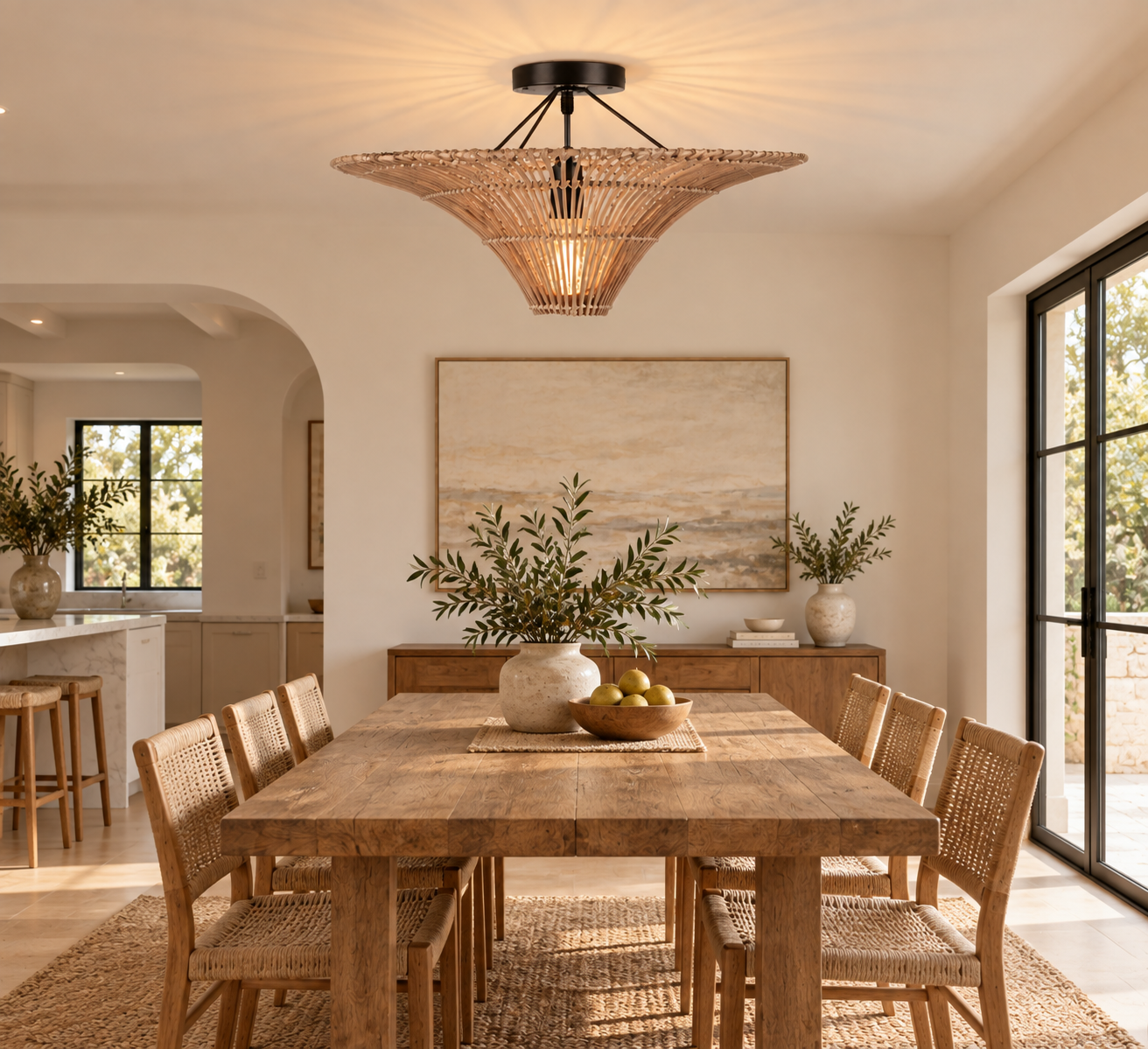 Handwoven Rattan Semi Flush Mount Ceiling Light for Hotel Restaurant & Commercial Interiors