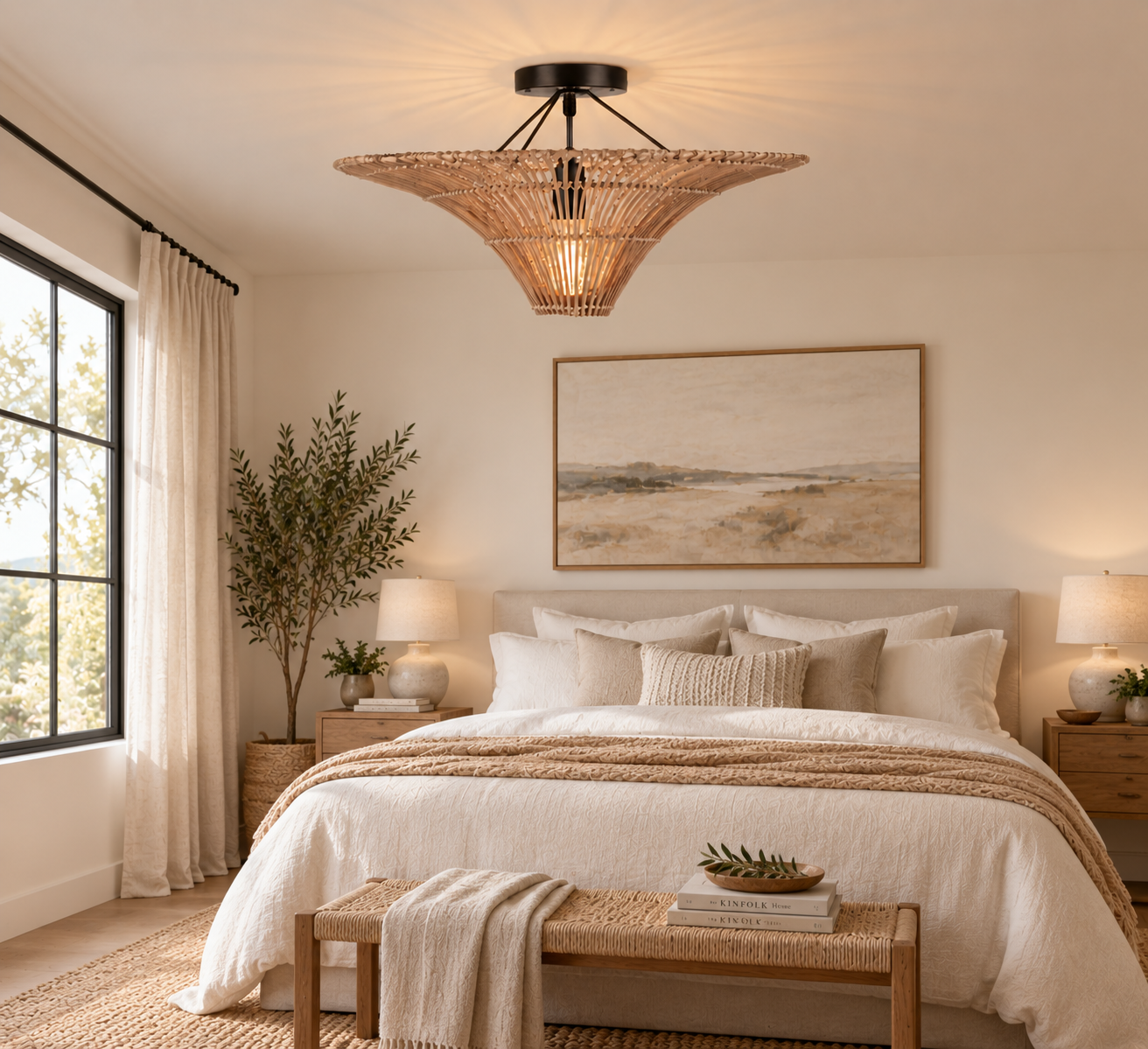 Handwoven Rattan Semi Flush Mount Ceiling Light for Hotel Restaurant & Commercial Interiors