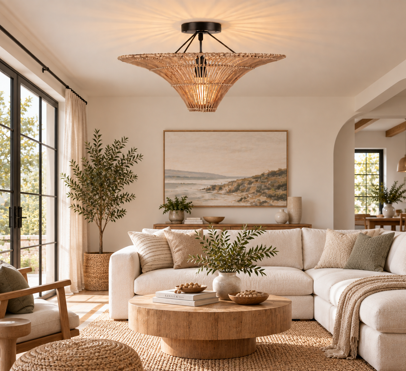 Handwoven Rattan Semi Flush Mount Ceiling Light for Hotel Restaurant & Commercial Interiors