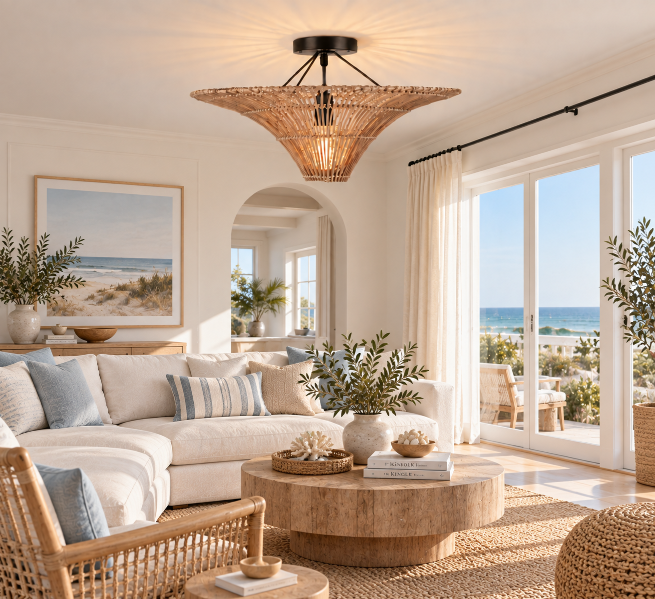 Handwoven Rattan Semi Flush Mount Ceiling Light for Hotel Restaurant & Commercial Interiors