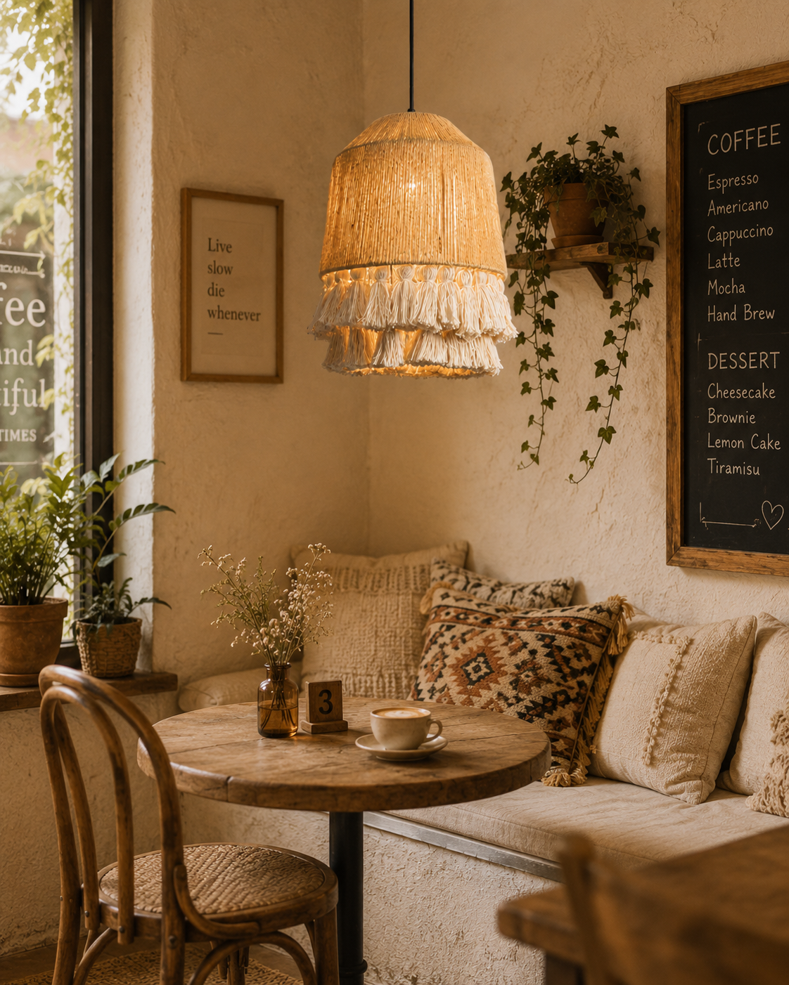 Bohemian Hemp Rope Pendant Light with Tassel Shade for Cafe Hotel