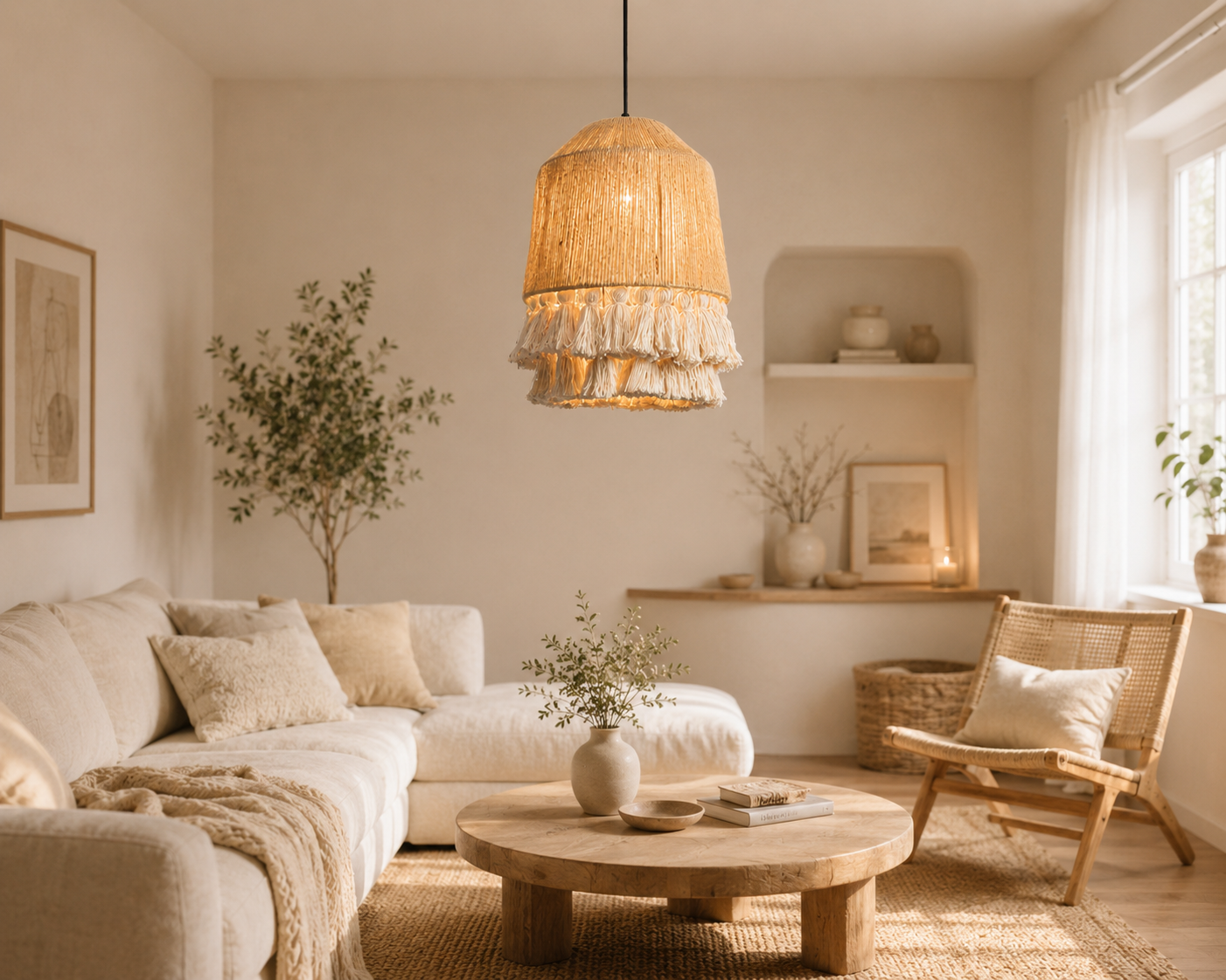 Bohemian Hemp Rope Pendant Light with Tassel Shade for Cafe Hotel