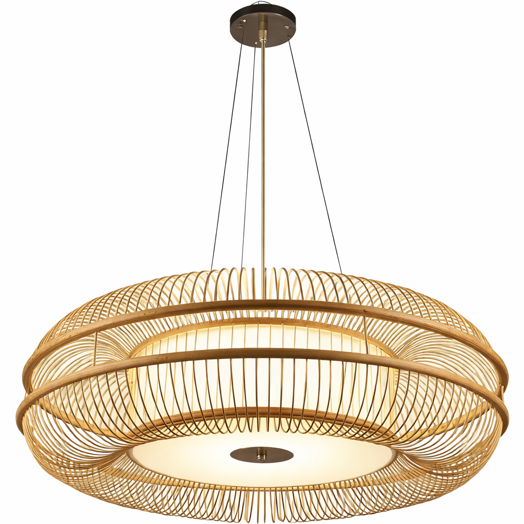 Luxury Large LED Bamboo Ring Pendant Light Drum-Shaped for Hotel Lobby & Commercial Interiors