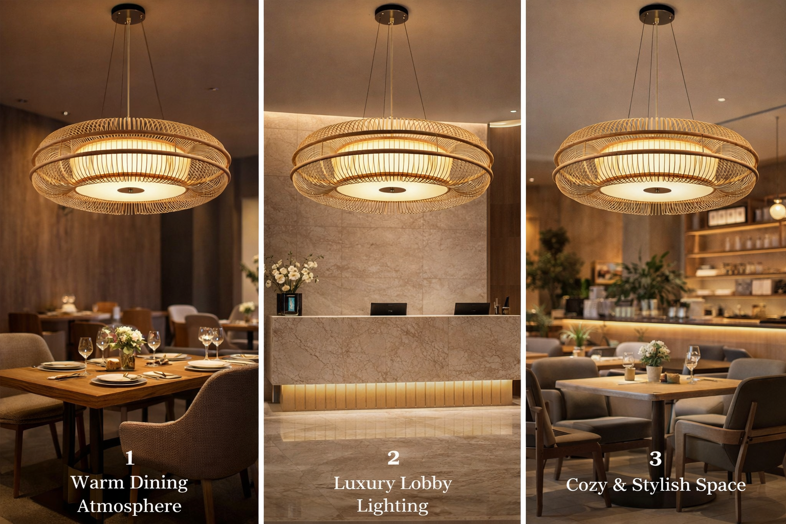 Luxury Large LED Bamboo Ring Pendant Light Drum-Shaped for Hotel Lobby & Commercial Interiors