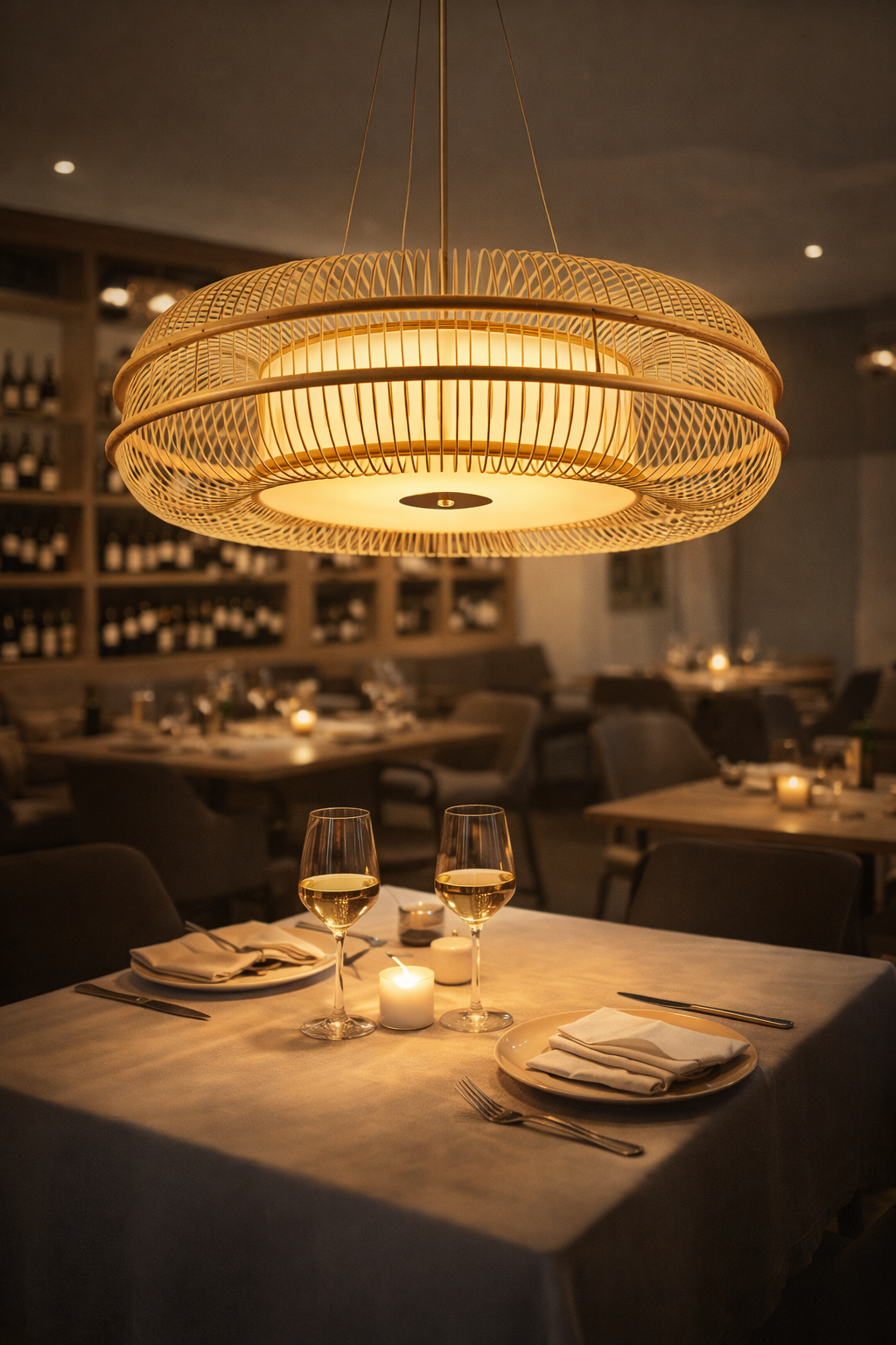 Luxury Large LED Bamboo Ring Pendant Light Drum-Shaped for Hotel Lobby & Commercial Interiors