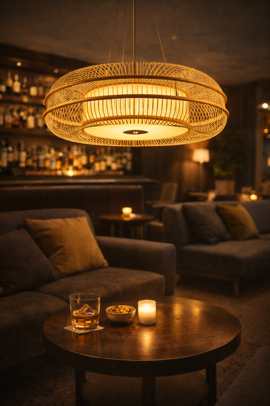 Luxury Large LED Bamboo Ring Pendant Light Drum-Shaped for Hotel Lobby & Commercial Interiors
