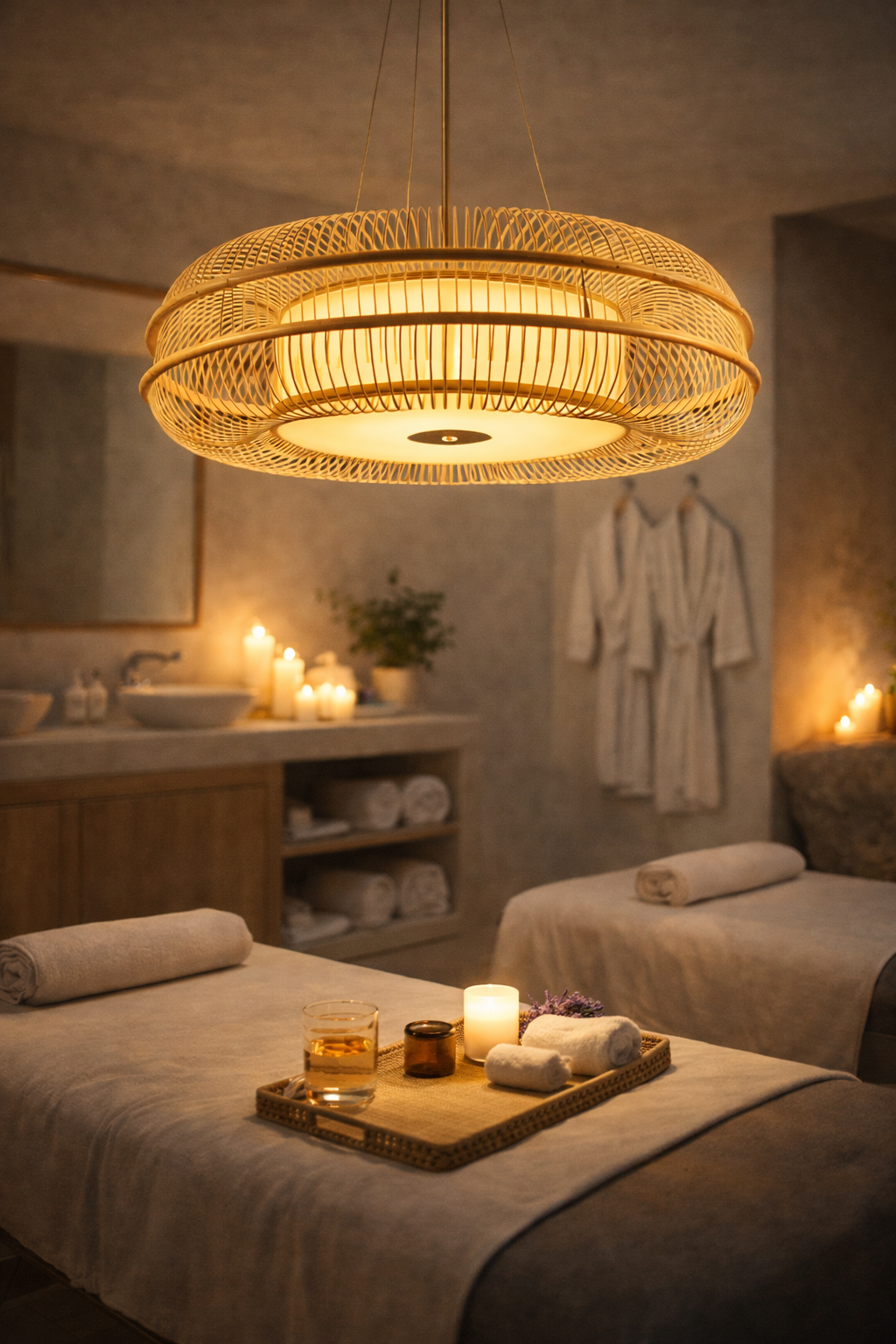 Luxury Large LED Bamboo Ring Pendant Light Drum-Shaped for Hotel Lobby & Commercial Interiors