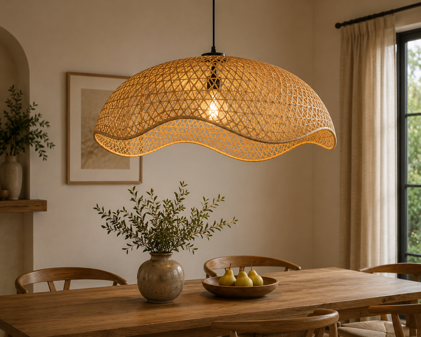 Elegant Wave Handwoven Rattan Pendant Light Natural Bamboo Boho Ceiling Lamp