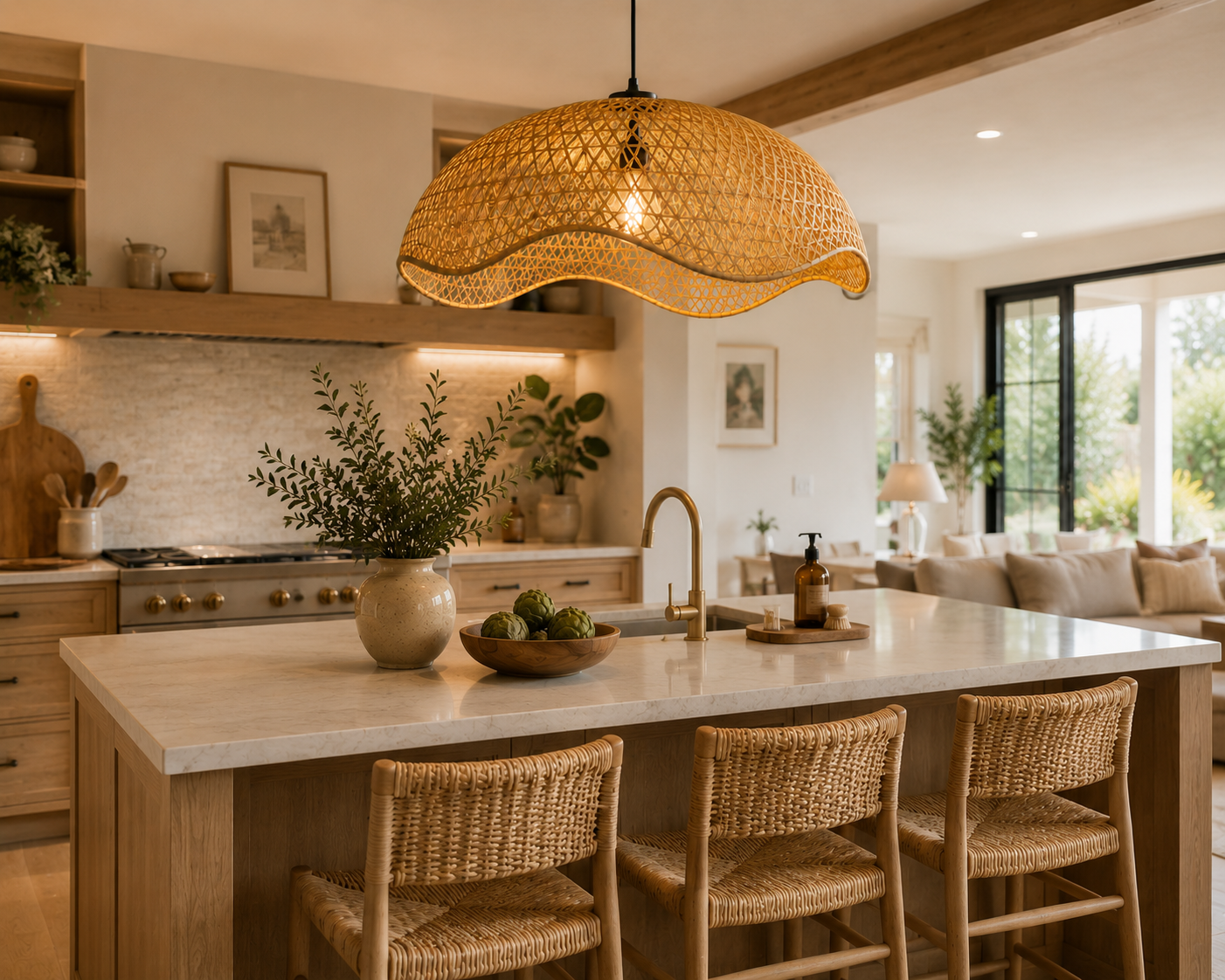Elegant Wave Handwoven Rattan Pendant Light Natural Bamboo Boho Ceiling Lamp