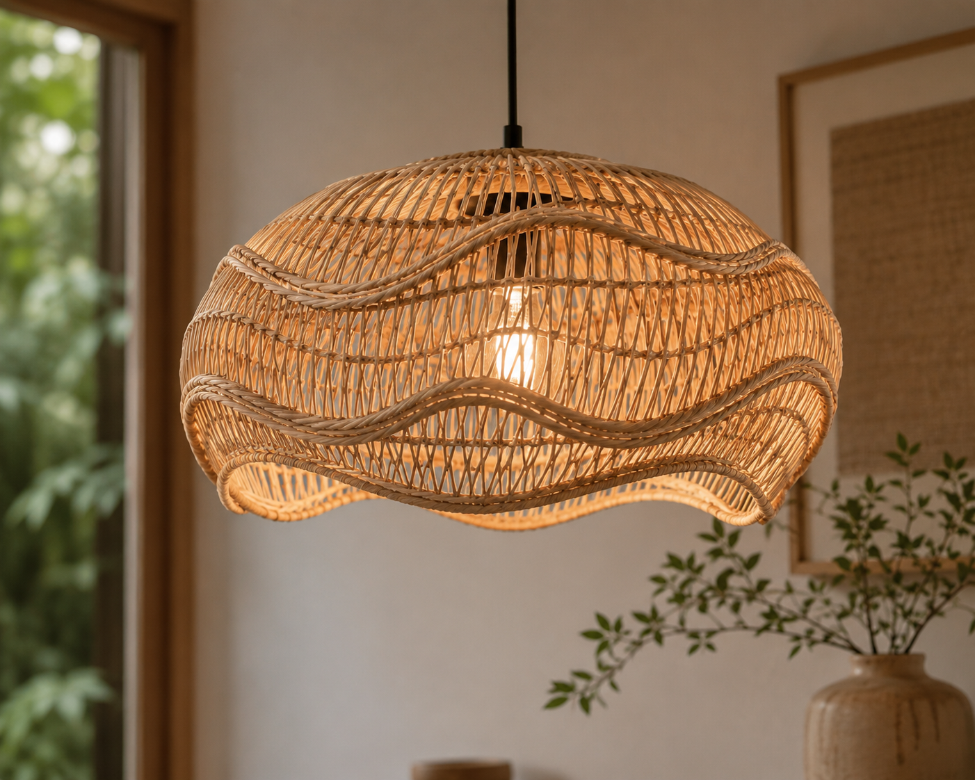 Artistic Wave Handwoven Rattan Pendant Light Natural Bamboo Boho Ceiling Lamp