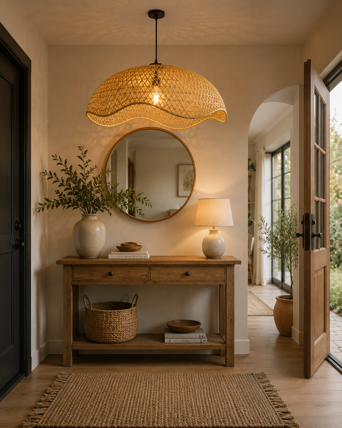 Elegant Wave Handwoven Rattan Pendant Light Natural Bamboo Boho Ceiling Lamp