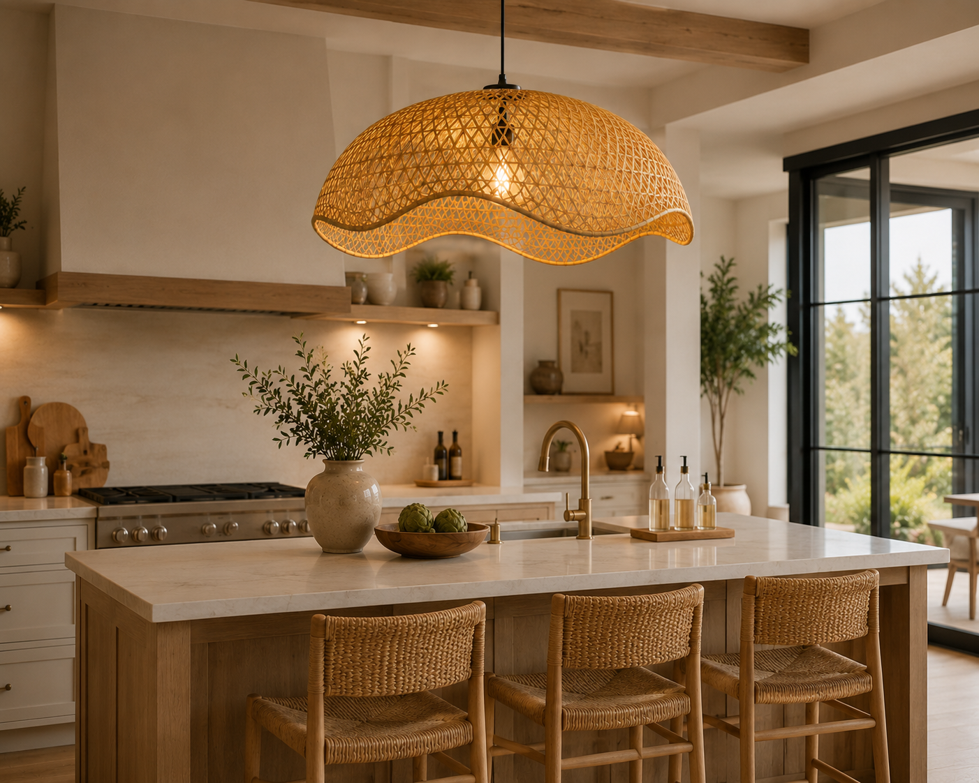 Elegant Wave Handwoven Rattan Pendant Light Natural Bamboo Boho Ceiling Lamp