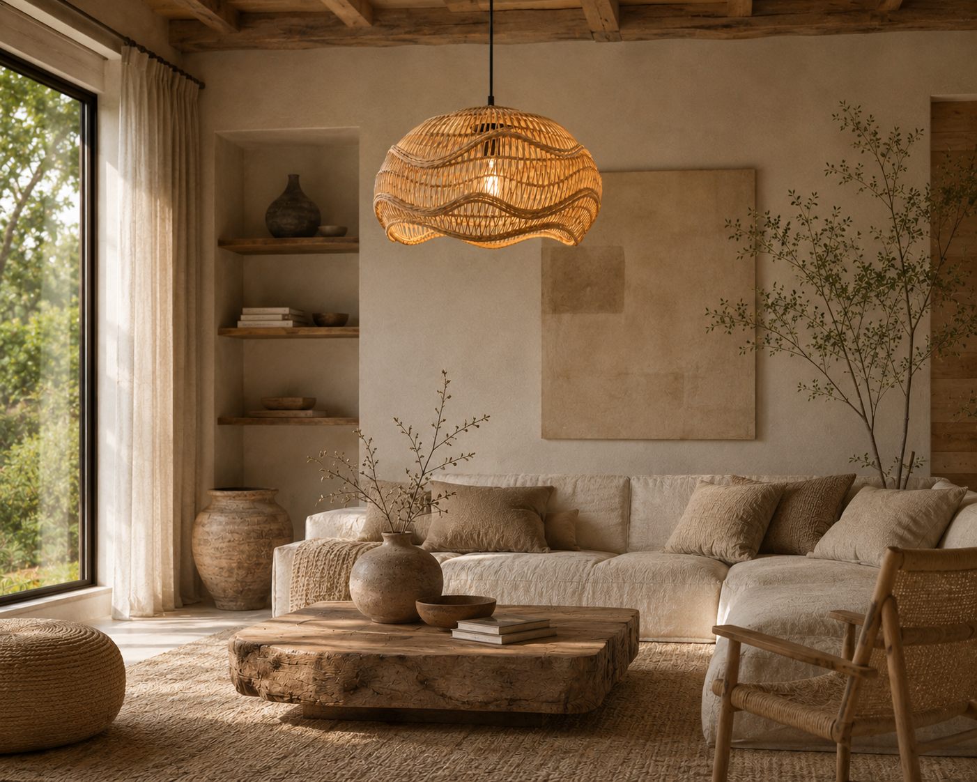 Artistic Wave Handwoven Rattan Pendant Light Natural Bamboo Boho Ceiling Lamp