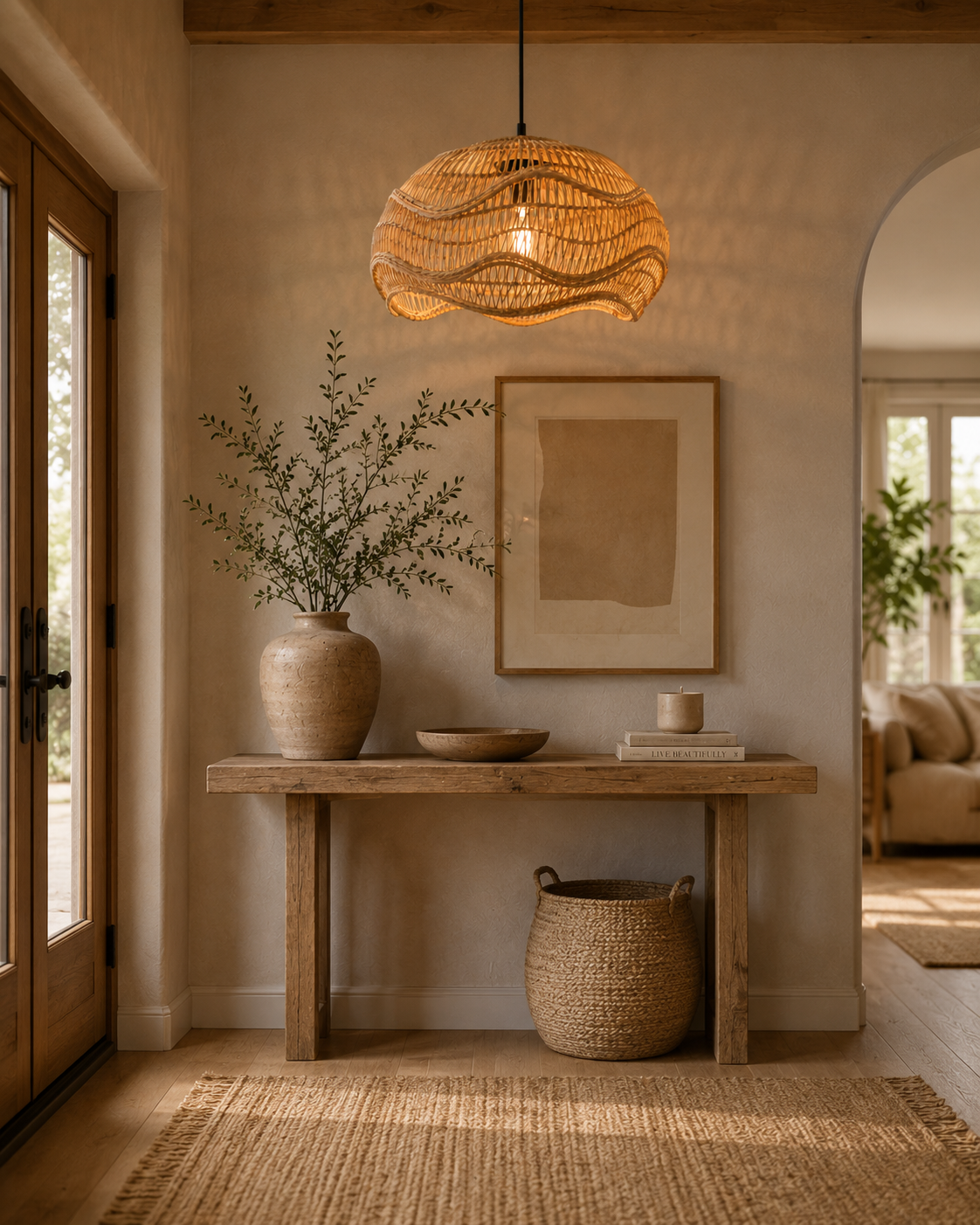 Artistic Wave Handwoven Rattan Pendant Light Natural Bamboo Boho Ceiling Lamp