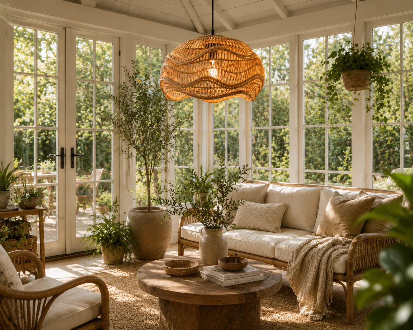 Artistic Wave Handwoven Rattan Pendant Light Natural Bamboo Boho Ceiling Lamp