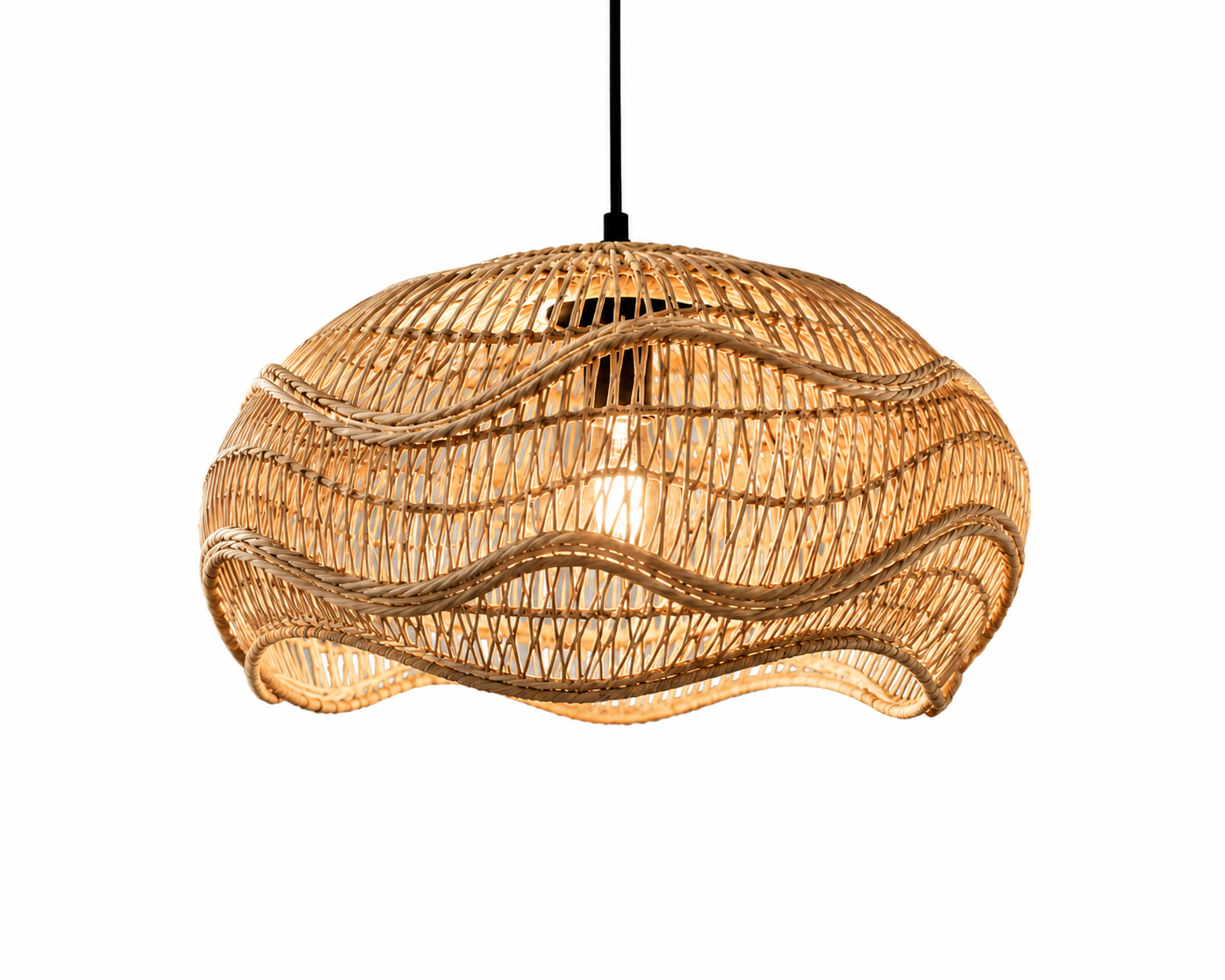 Artistic Wave Handwoven Rattan Pendant Light Natural Bamboo Boho Ceiling Lamp