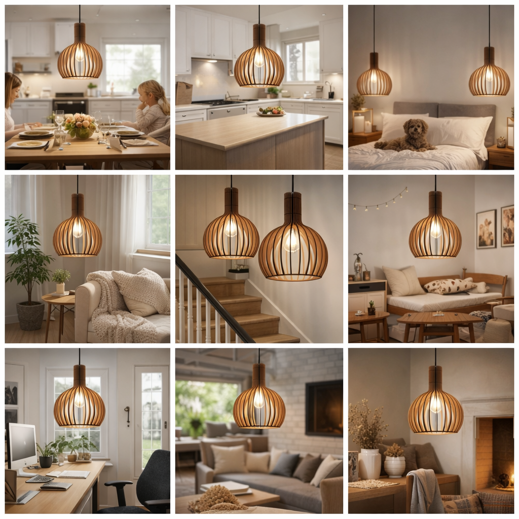 Modern Wooden Slat Pendant Light Nordic Hollow Hanging Lamp