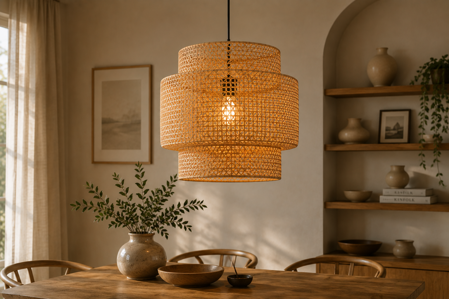 Modern Tiered Handwoven Rattan Pendant Light Boho Bamboo Hanging Lamp