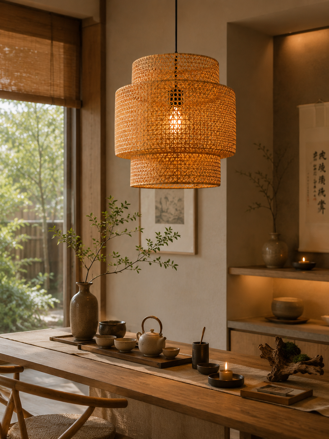 Modern Tiered Handwoven Rattan Pendant Light Boho Bamboo Hanging Lamp