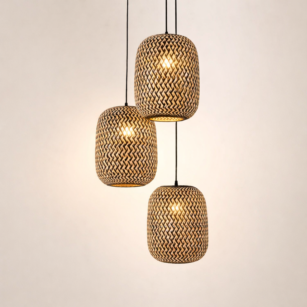 Modern Bamboo Pendant Light Set 3 Lights Woven Hanging Ceiling Lamp