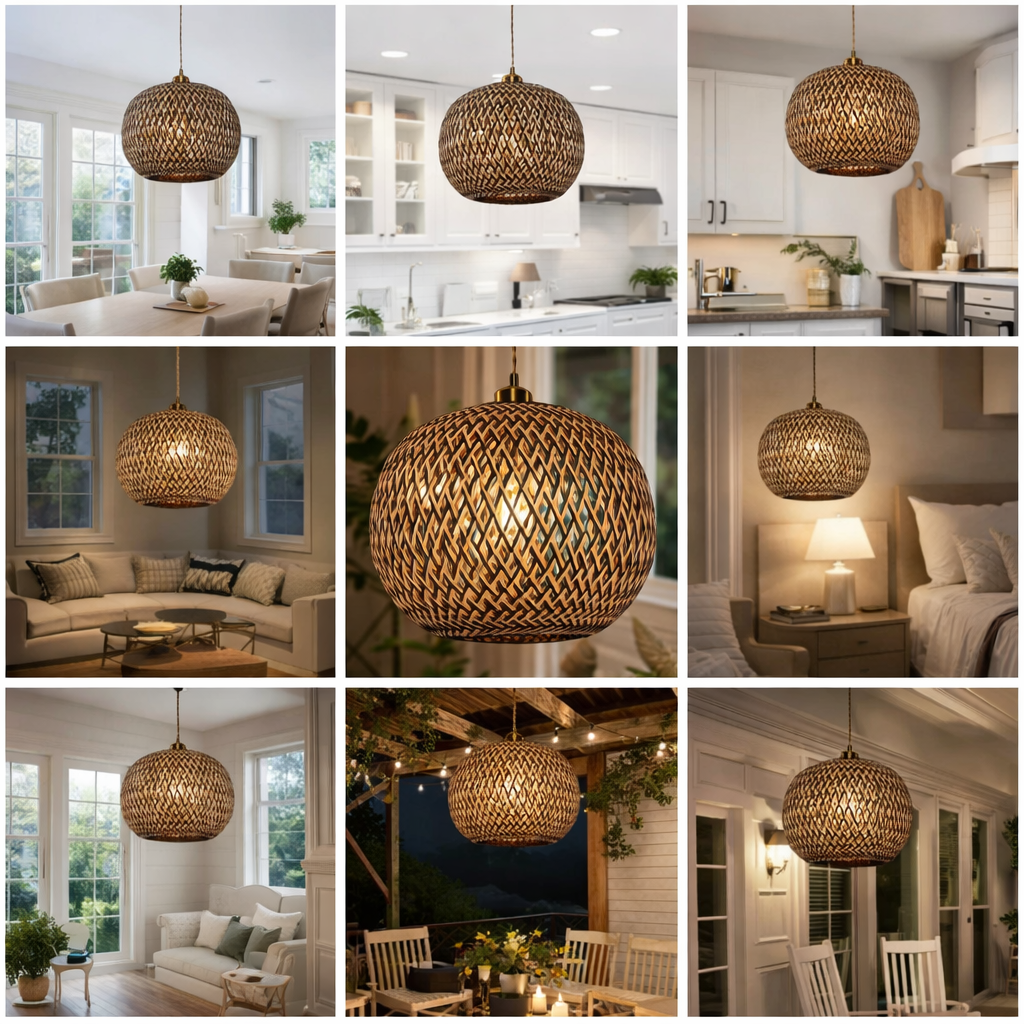 Round Bamboo Woven Pendant Light Natural Hanging Ceiling Lamp