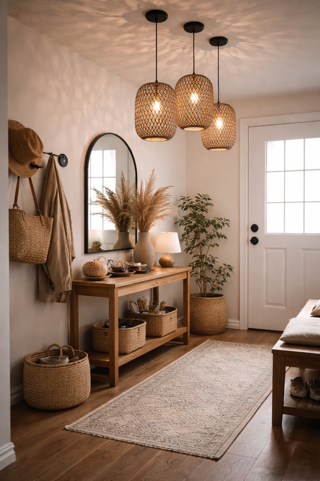 Modern Bamboo Pendant Light Set 3 Lights Woven Hanging Ceiling Lamp