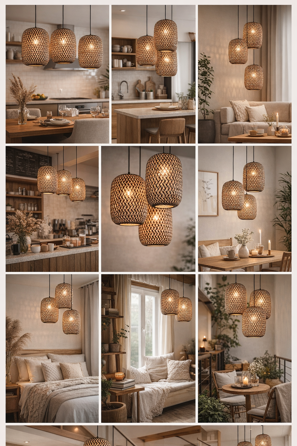 Modern Bamboo Pendant Light Set 3 Lights Woven Hanging Ceiling Lamp