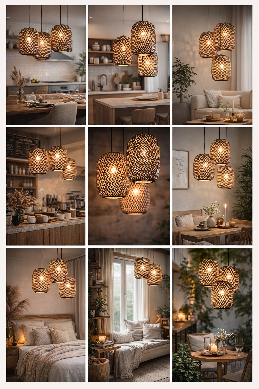 Modern Bamboo Pendant Light Set 3 Lights Woven Hanging Ceiling Lamp