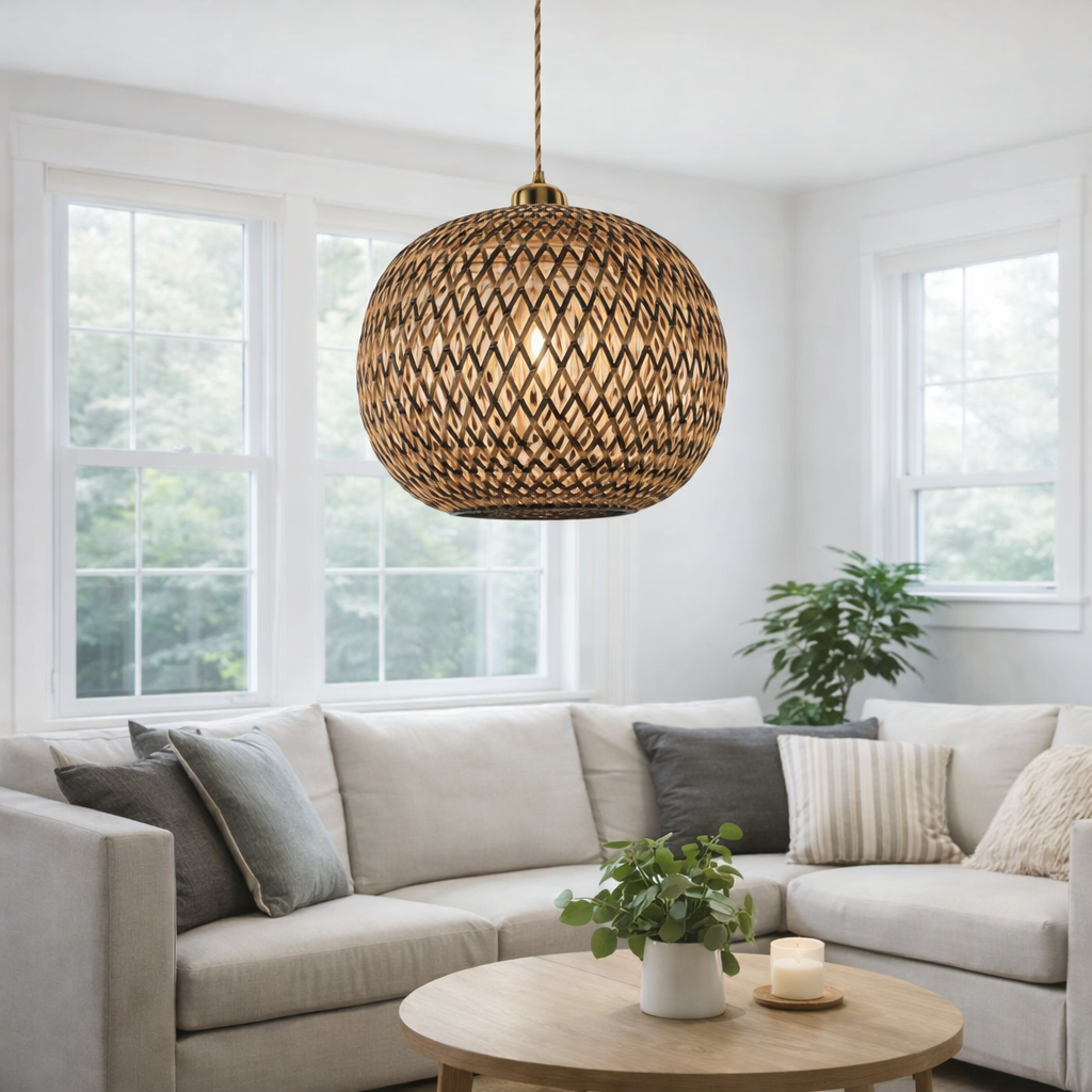 Round Bamboo Woven Pendant Light Natural Hanging Ceiling Lamp