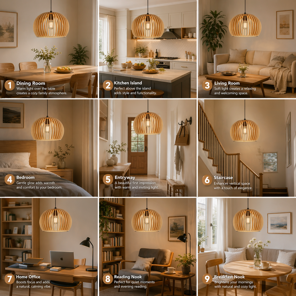 Shadome Natural Wood Pumpkin Pendant Light Modern Wooden Slat Hanging Lamp