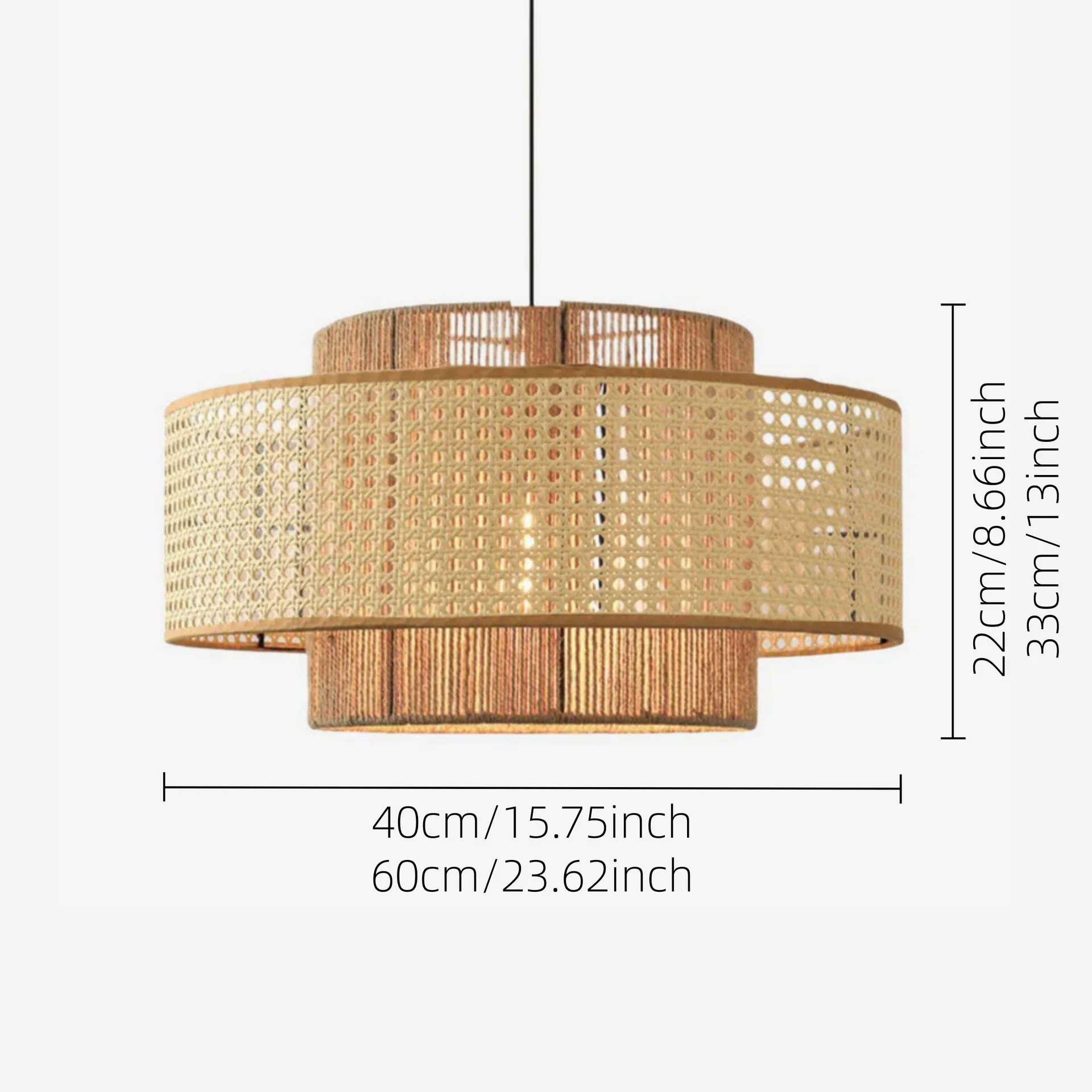 Double Layer Hemp Rope & Rattan Pendant Light Drum Shape Natural Woven Hanging Lamp
