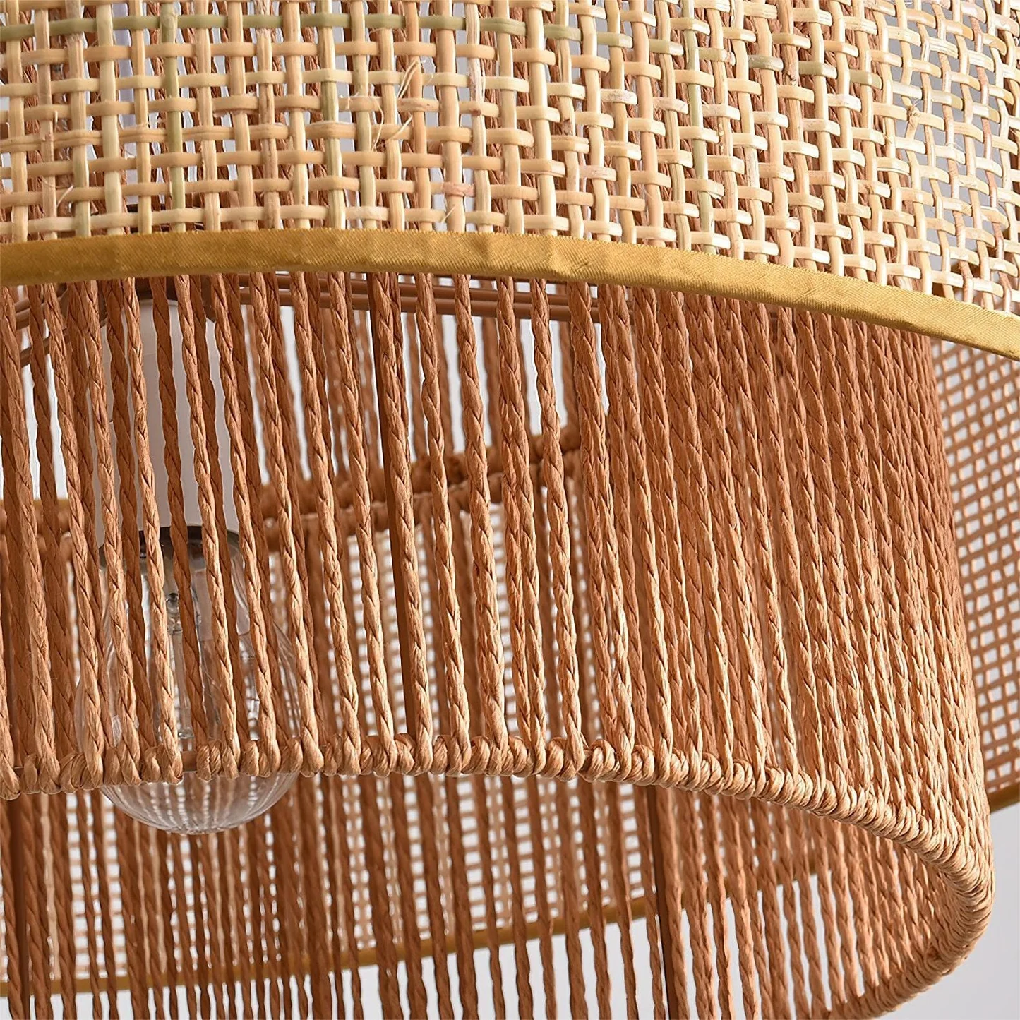 Double Layer Hemp Rope & Rattan Pendant Light Drum Shape Natural Woven Hanging Lamp