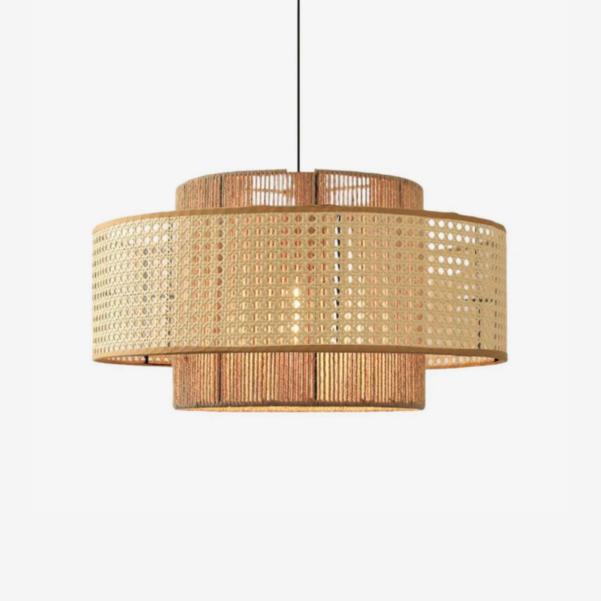 Double Layer Hemp Rope & Rattan Pendant Light Drum Shape Natural Woven Hanging Lamp