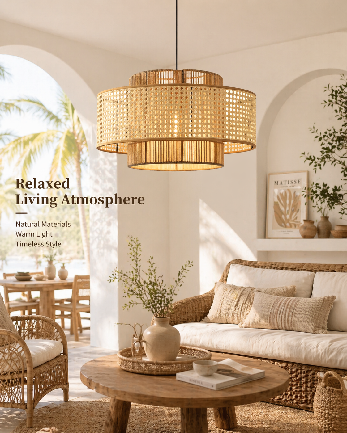 Double Layer Hemp Rope & Rattan Pendant Light Drum Shape Natural Woven Hanging Lamp
