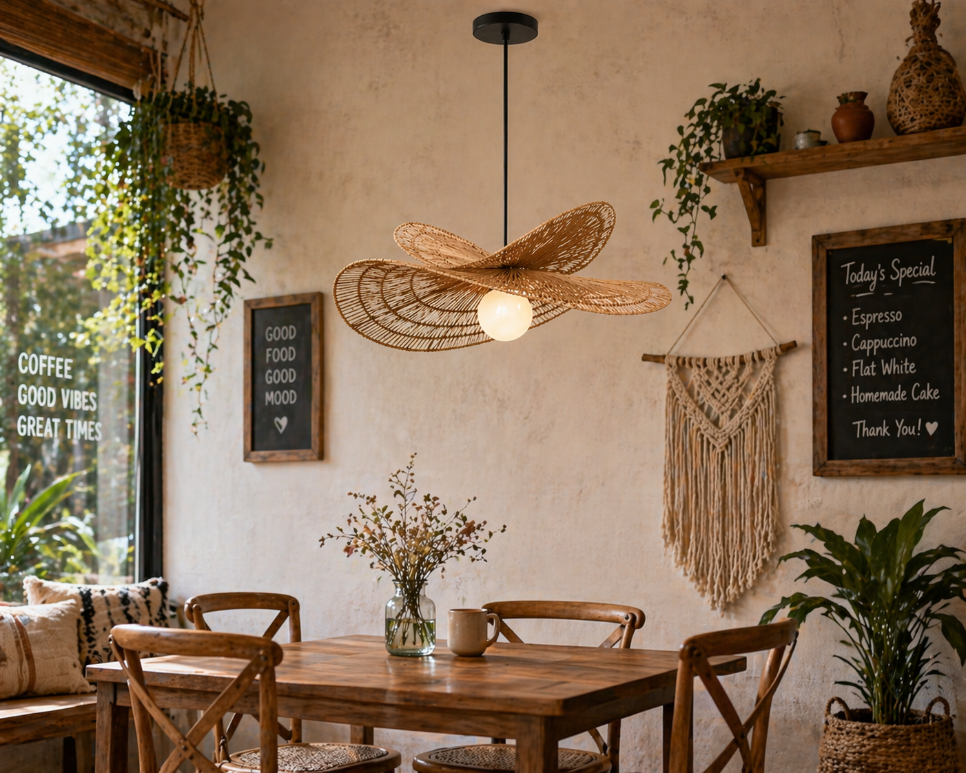 Natural Dome Woven Rattan Pendant Light Handmade Boho Ceiling Lamp