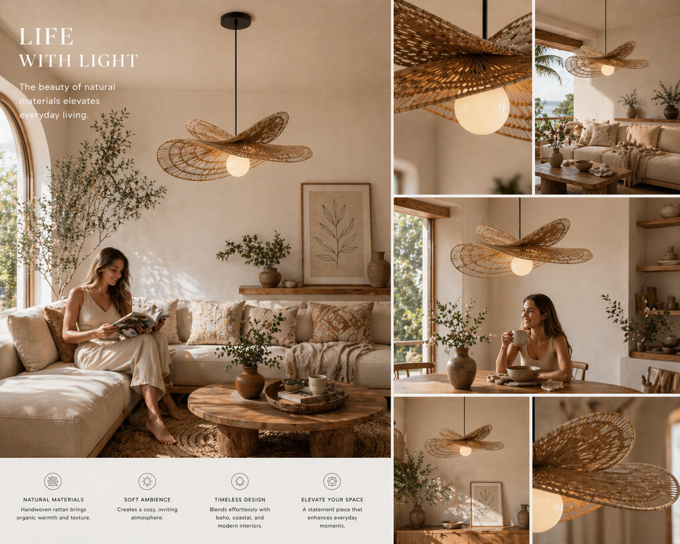 Natural Dome Woven Rattan Pendant Light Handmade Boho Ceiling Lamp