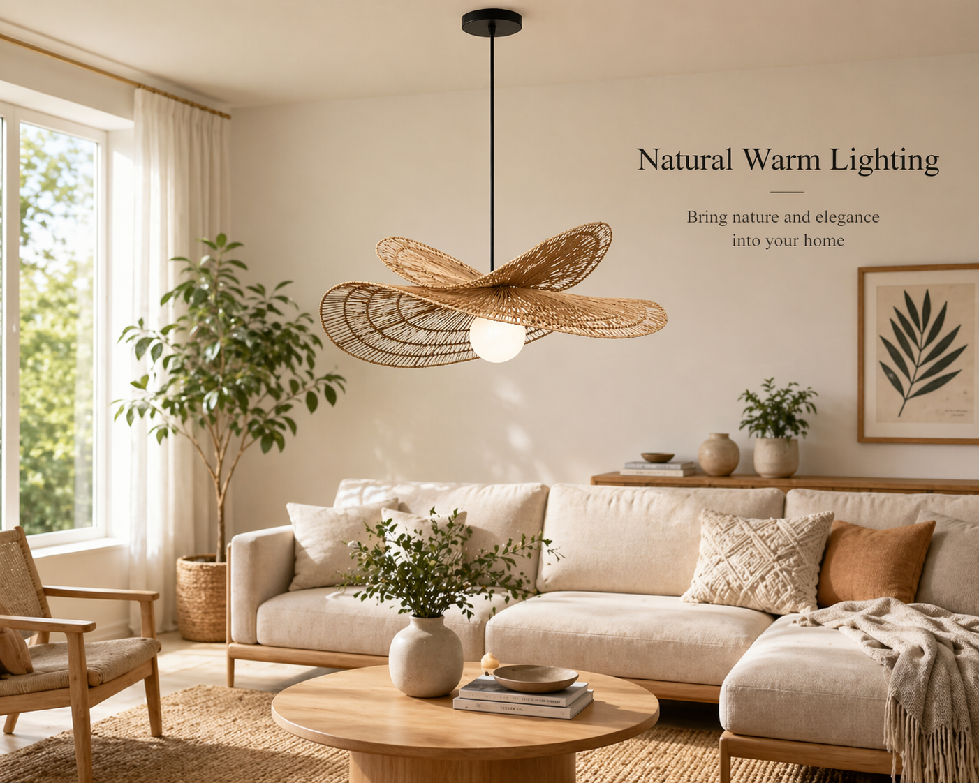 Natural Dome Woven Rattan Pendant Light Handmade Boho Ceiling Lamp