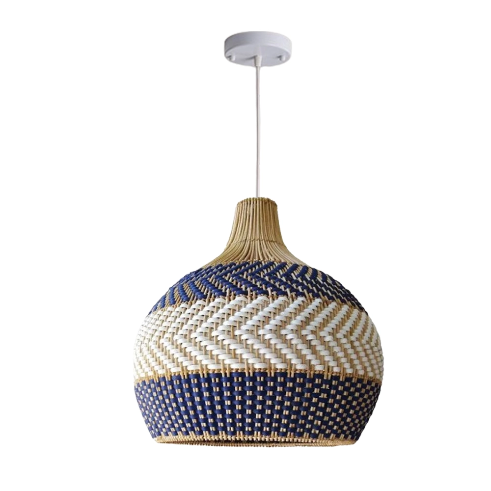 Blue & White Handwoven Rattan Pendant Light – Coastal Organic Hanging Lamp for Hospitality and Interior Projects