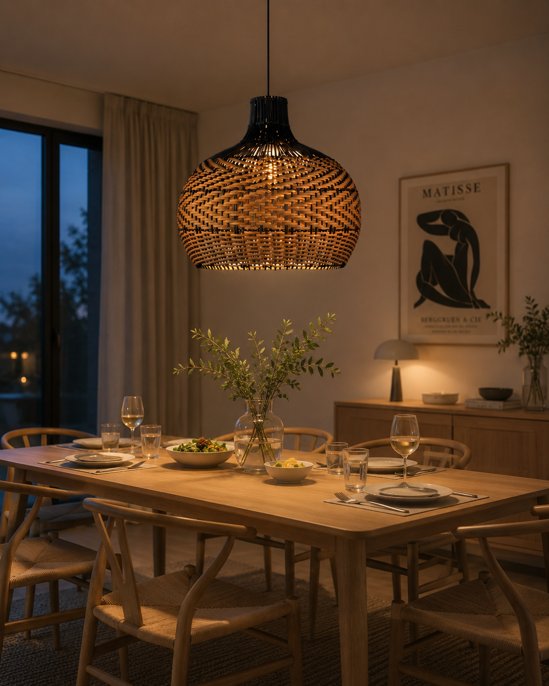 Handwoven Rattan Pendant Light – Modern Boho Wicker Hanging Lamp for Hospitality & Residential Projects