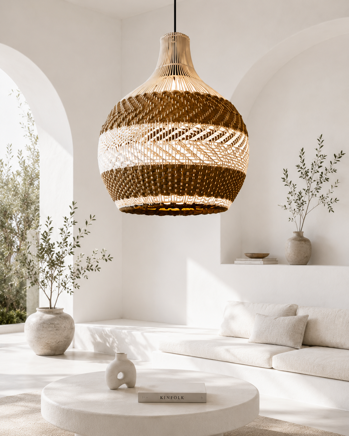 Handwoven Two-Tone Rattan Pendant Light – Modern Organic Hanging Lamp for Hospitality & Interior Design Projects