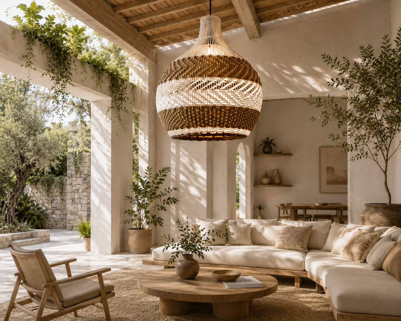 Handwoven Two-Tone Rattan Pendant Light – Modern Organic Hanging Lamp for Hospitality & Interior Design Projects