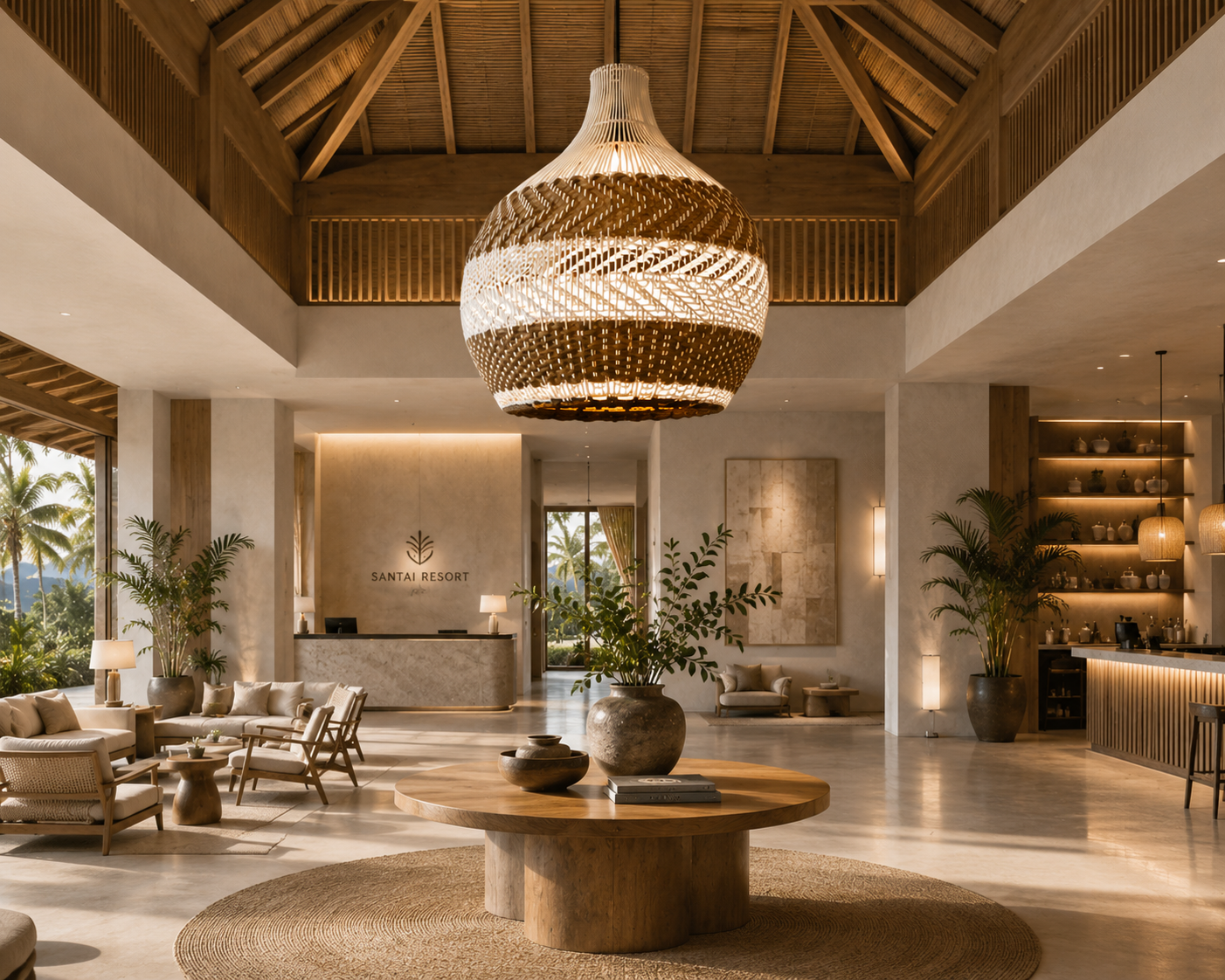 Handwoven Two-Tone Rattan Pendant Light – Modern Organic Hanging Lamp for Hospitality & Interior Design Projects