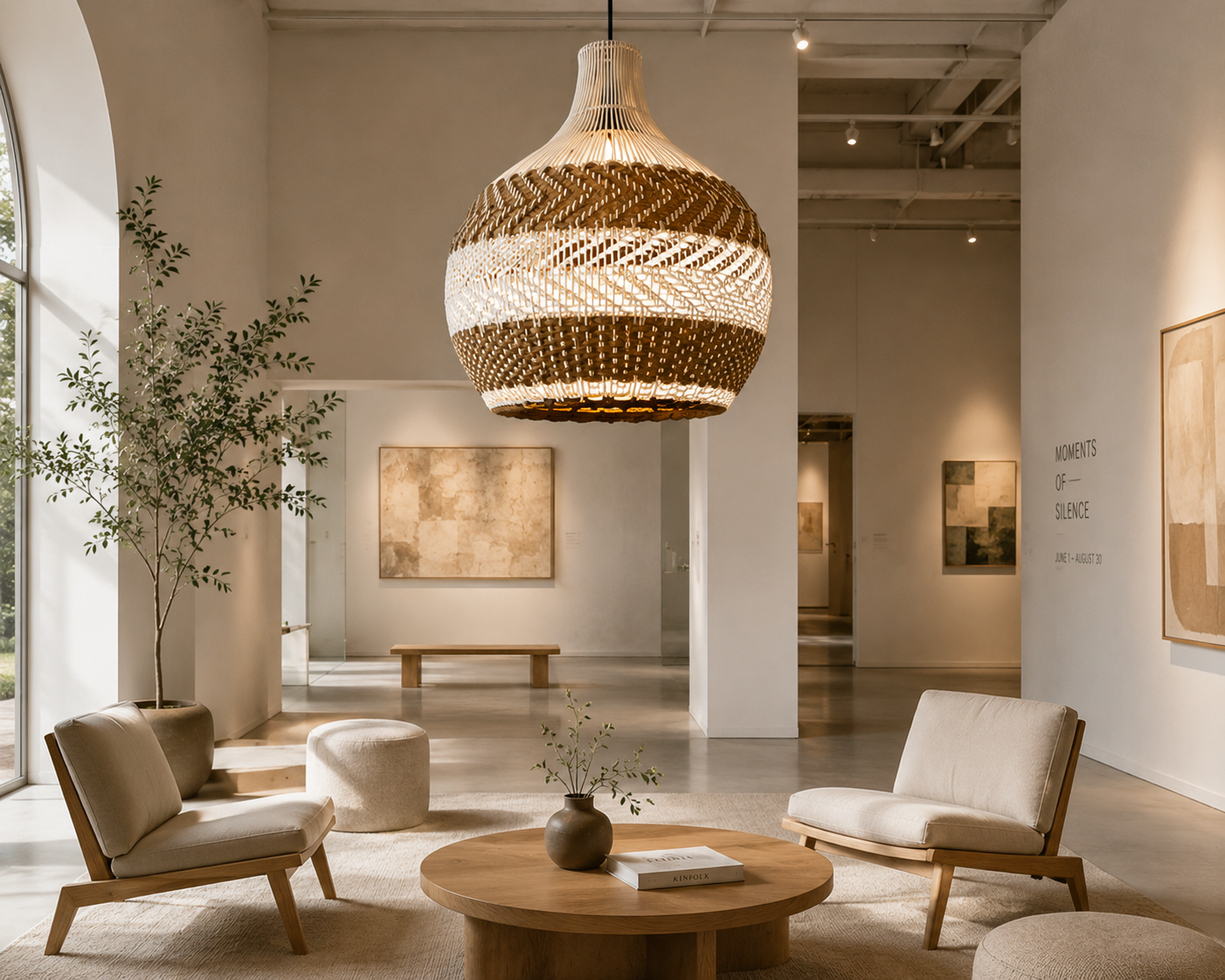 Handwoven Two-Tone Rattan Pendant Light – Modern Organic Hanging Lamp for Hospitality & Interior Design Projects