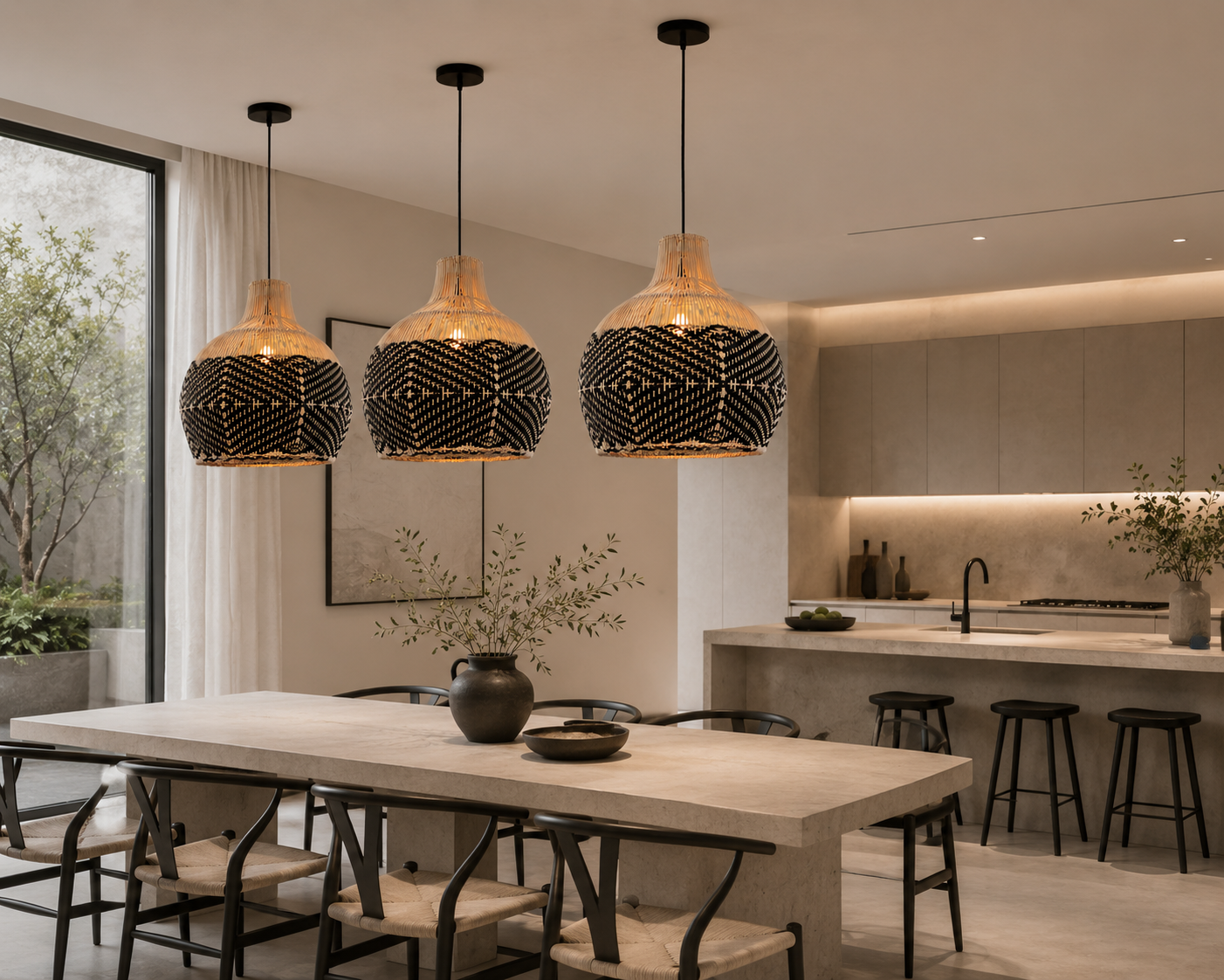 Wabi-Sabi Handwoven Rattan Pendant Light – Contemporary Boho Hanging Ceiling Lamp for Hospitality & Interior Projects