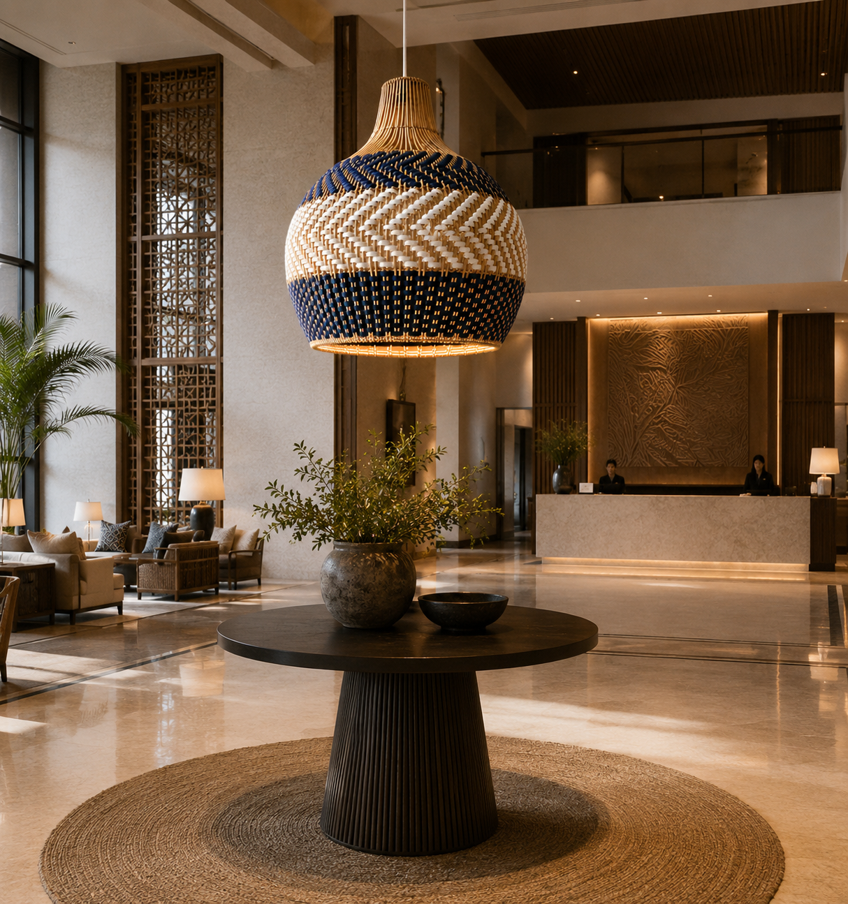 Blue & White Handwoven Rattan Pendant Light – Coastal Organic Hanging Lamp for Hospitality and Interior Projects